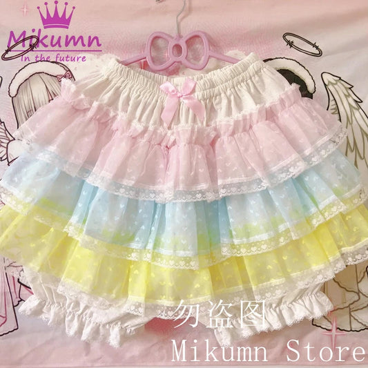 Mikumn Harajuku Sweet Lace Shorts Skirts Y2k Japanese Lolita Kawaii JK Ruffles Bloomers Women Elastic Waist Safety Short Pants SS69 48.69 Pink Blue Yellow / Waist 100-140cm