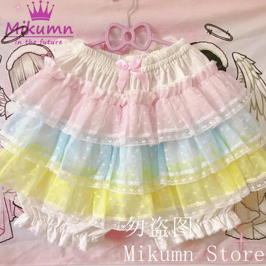 Mikumn Harajuku Sweet Lace Shorts Skirts Y2k Japanese Lolita Kawaii JK Ruffles Bloomers Women Elastic Waist Safety Short Pants SS69 48.69 Pink Blue Yellow / Waist 100-140cm