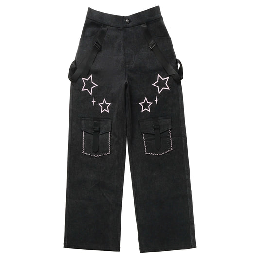 Black Pink Y2K Clothing Set Hot Girls Strapless Strap Short Sleeve T-shirt Slimming Jeans Long Pants Female 4 Piece Set Outfits SS69