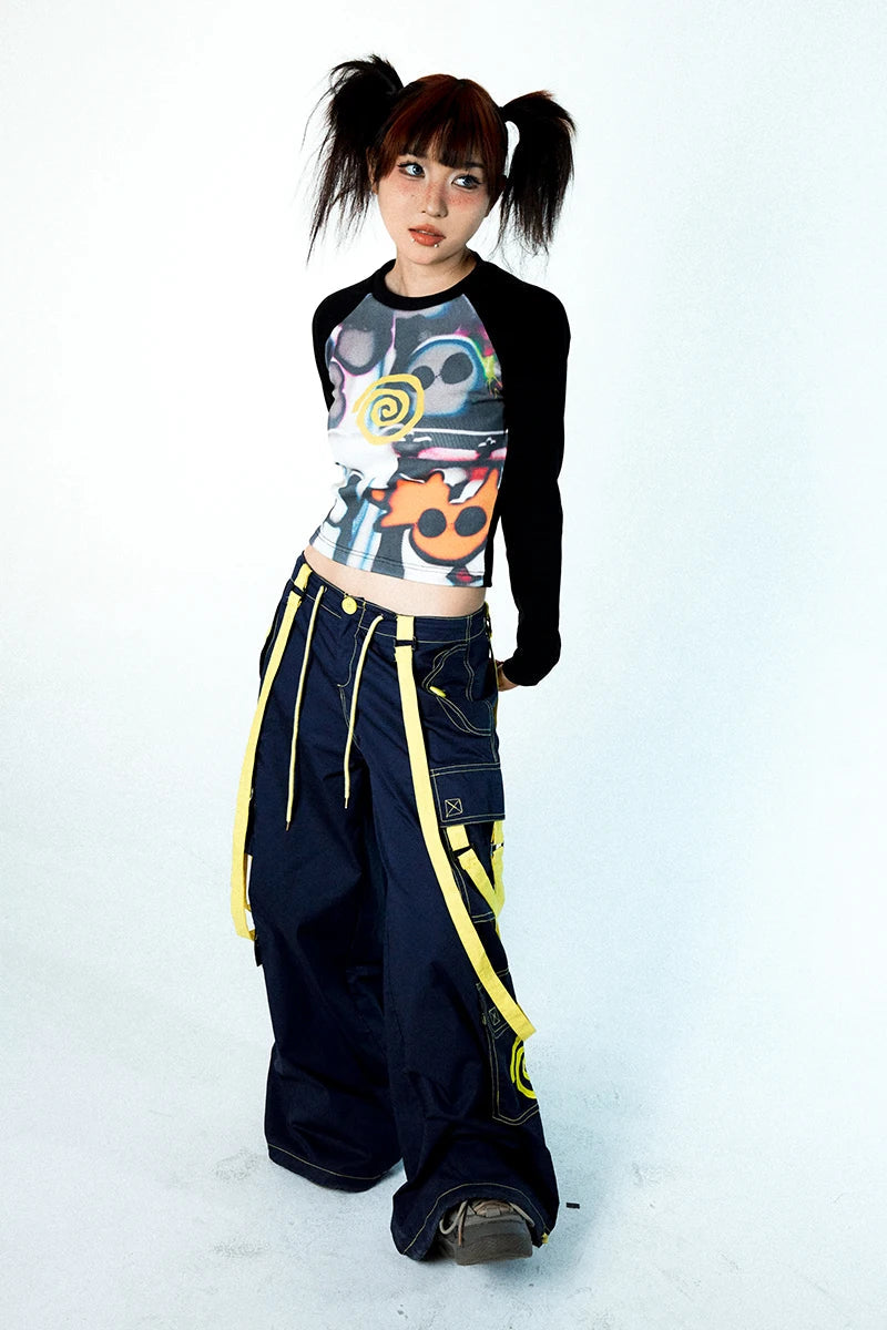 Women Vortex Skull Print Long Sleeve Raglan Stitch Backing T-Shirt Tops Fairy Grunge Graphic Vintage Y2k Slim Long Sleeve Top SS69