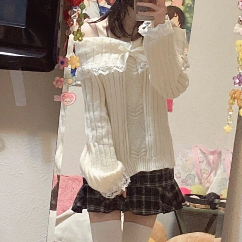 Pretty Cute Outfits Harajuku Cosplay Sweater Kawaii Lace Trim Off Shoulder Pullovers Y2K Aesthetic Vintage Long Sleeve Jumpers SS69