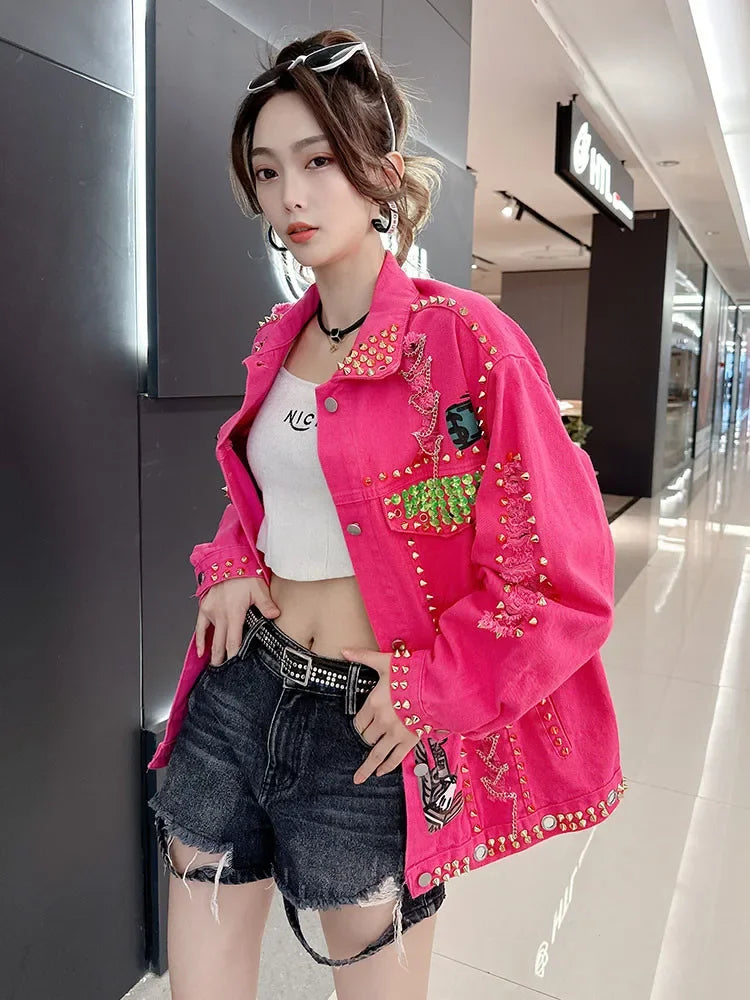 Women Graffiti Printed Rivets Denim Jacket Loose Holes Diamonds Jeans Coat Sequined Cowboy Ripped Streetwear Cardigan Ins Tops SS69