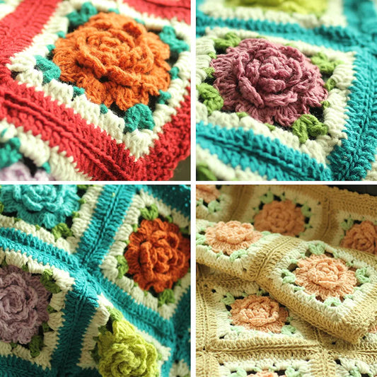SS69 Handmade Crocheted Rose Acrylic Throw Blanket, 48x75cm Rustic Decor