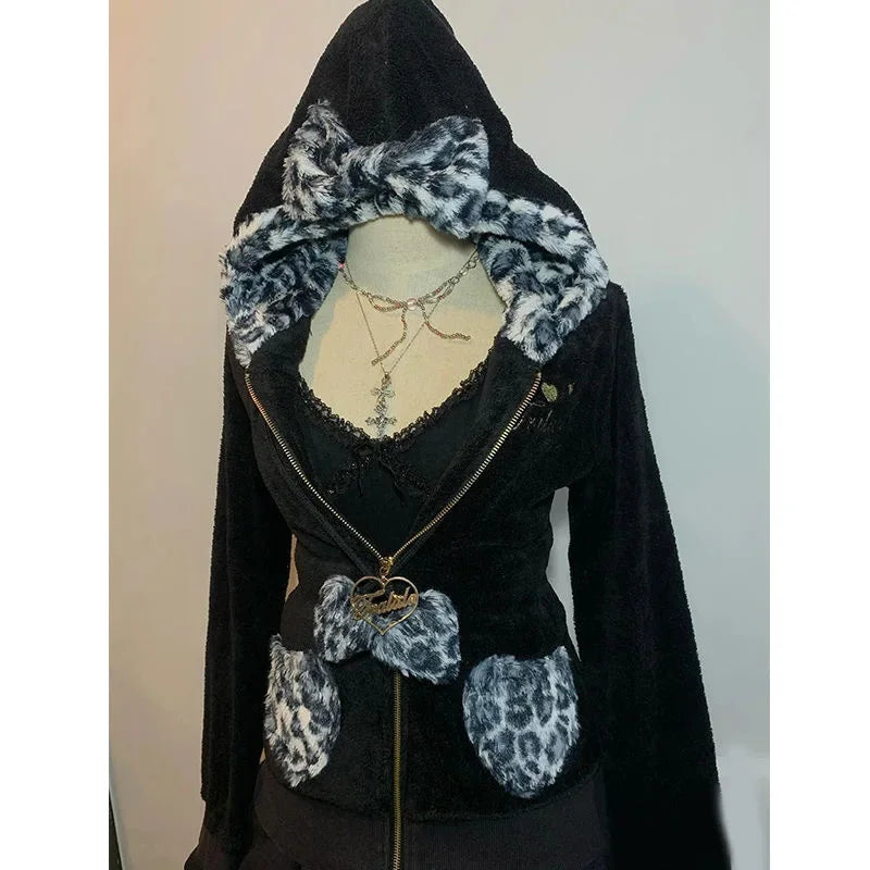 Streetwear Y2K Womens Pullover Hoodie Retro Harajuku Pink Leopard Print Patchwork Sweatshirt Fashion Trend Sportswear Hoodie Top SS69