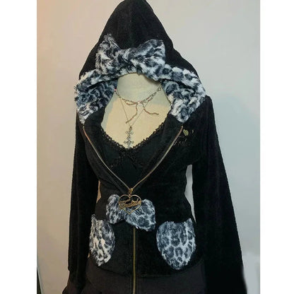 Streetwear Y2K Womens Pullover Hoodie Retro Harajuku Pink Leopard Print Patchwork Sweatshirt Fashion Trend Sportswear Hoodie Top SS69