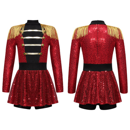inlzdz Women's Circus Ringmaster Costume Sequin Tassel Leotard Dress