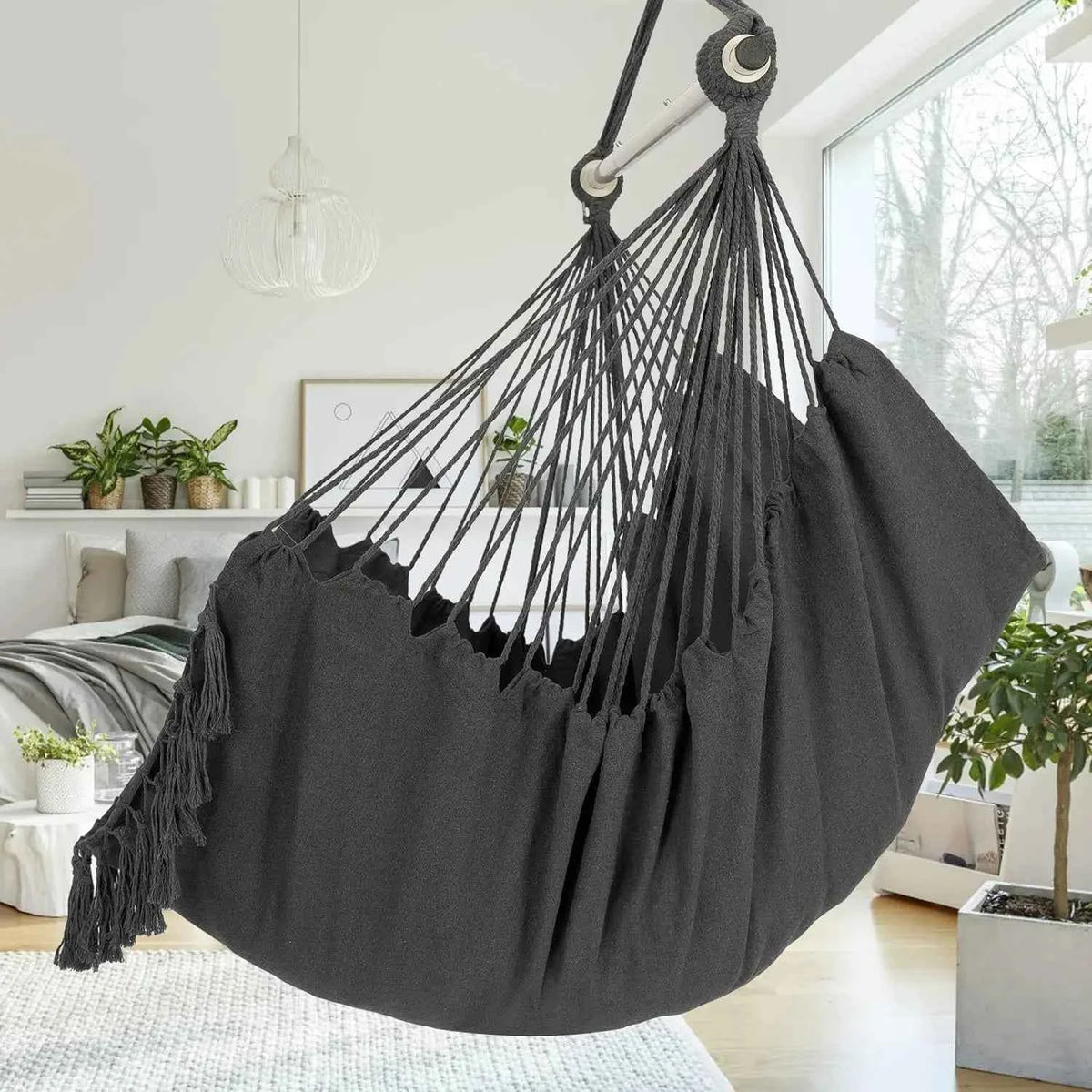 Macrame Hanging Chair with 2 Pillows | 500lb Capacity Cotton Rope Swing | Pocket Design Indoor/Outdoor Use