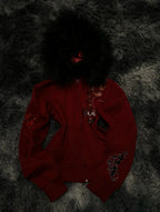 Women Y2K Gothic Zip Up Hoodie Red Faux Fur Collar Embroidery Rhinestone Hooded Jacket Grunge Streetwear Casual Sweatshirt