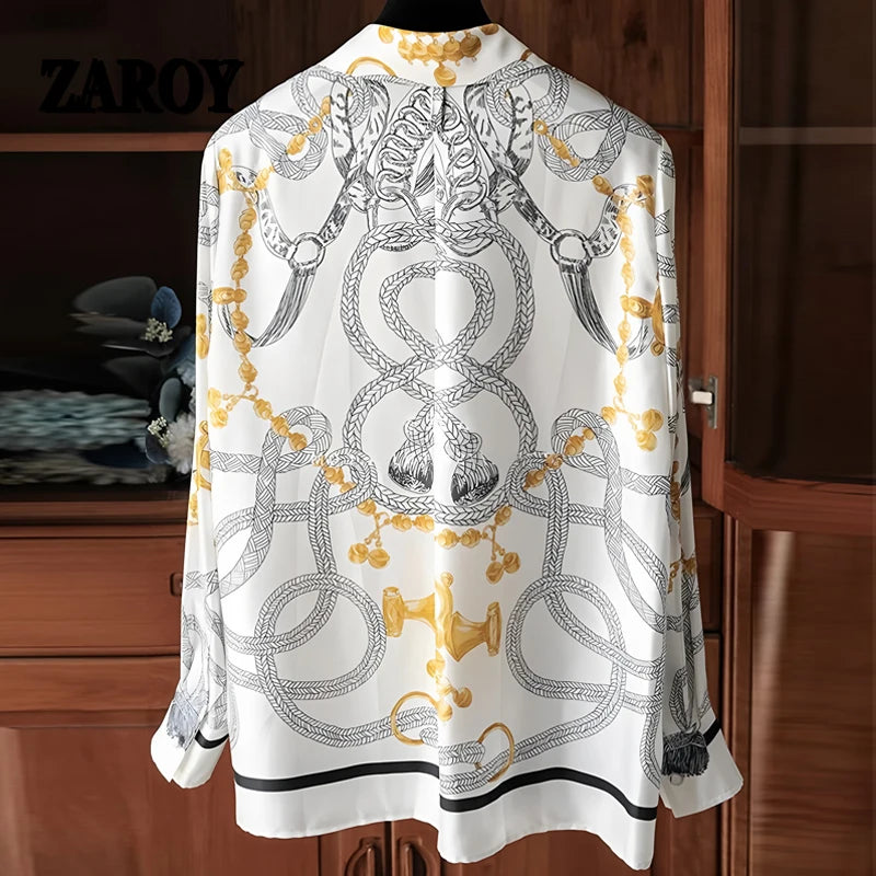 Camisas Newest Exclusive Women Luxury Shirt Long Sleeve Lapel Satin Shirt Old Money Print Brand Design Shirt OL Blouse руба