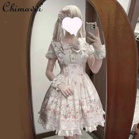 Original New Spring Summer Cute Print Short-sleeved Lolita OP Dress Japanese Sweet Girl Mass-produced Kawaii Bow Short Dresses