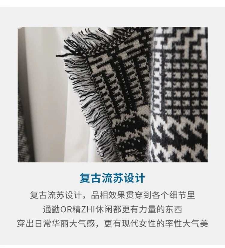 Houndstooth Plaid Fringed Cashmere Sweater for Women, Small Knitted Wool Cardigan, Loose Plaid Coat