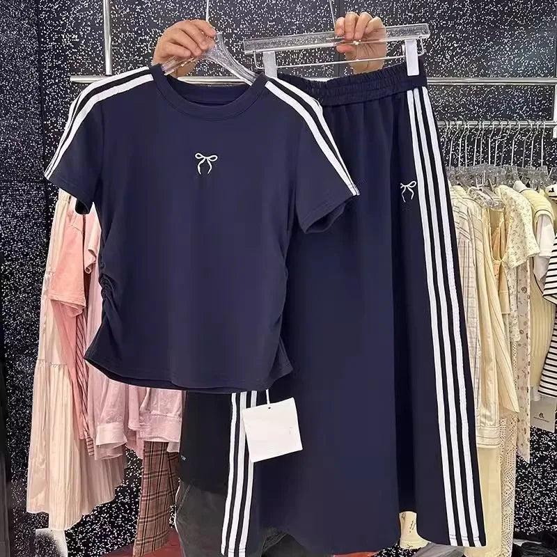 Oversized summer bow embroidery set women's short sleeve T-shirt + high Fanny pack hip skirt two-piece set SS69 36.69 Navy Blue / 0XL