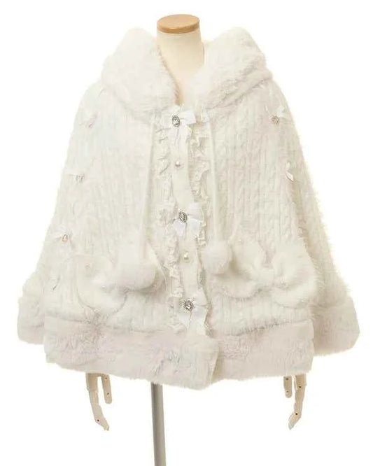 Liz Japanese Sweet Princess Faux Rabbit Fur Cape Coat Autumn Winter Girl Women Fur Jacket Clock Rhinestone Bow Hooded Coat