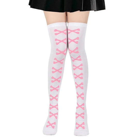 SS69 Women's Bone Print Thigh High Socks - Cotton Blend Cosplay Stockings