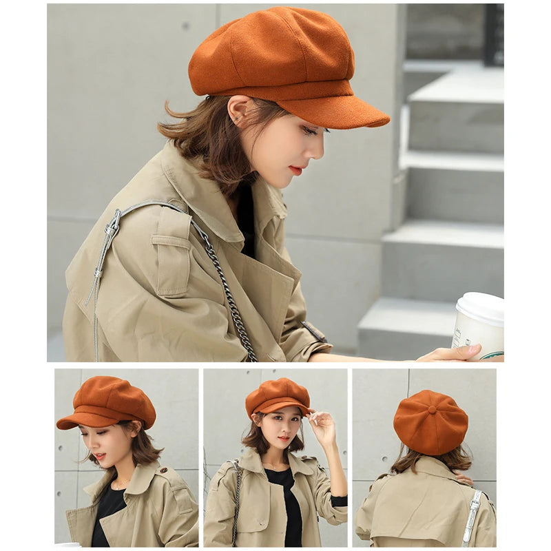 Woolen Octagonal Beret Hat for Women - Autumn/Winter Style