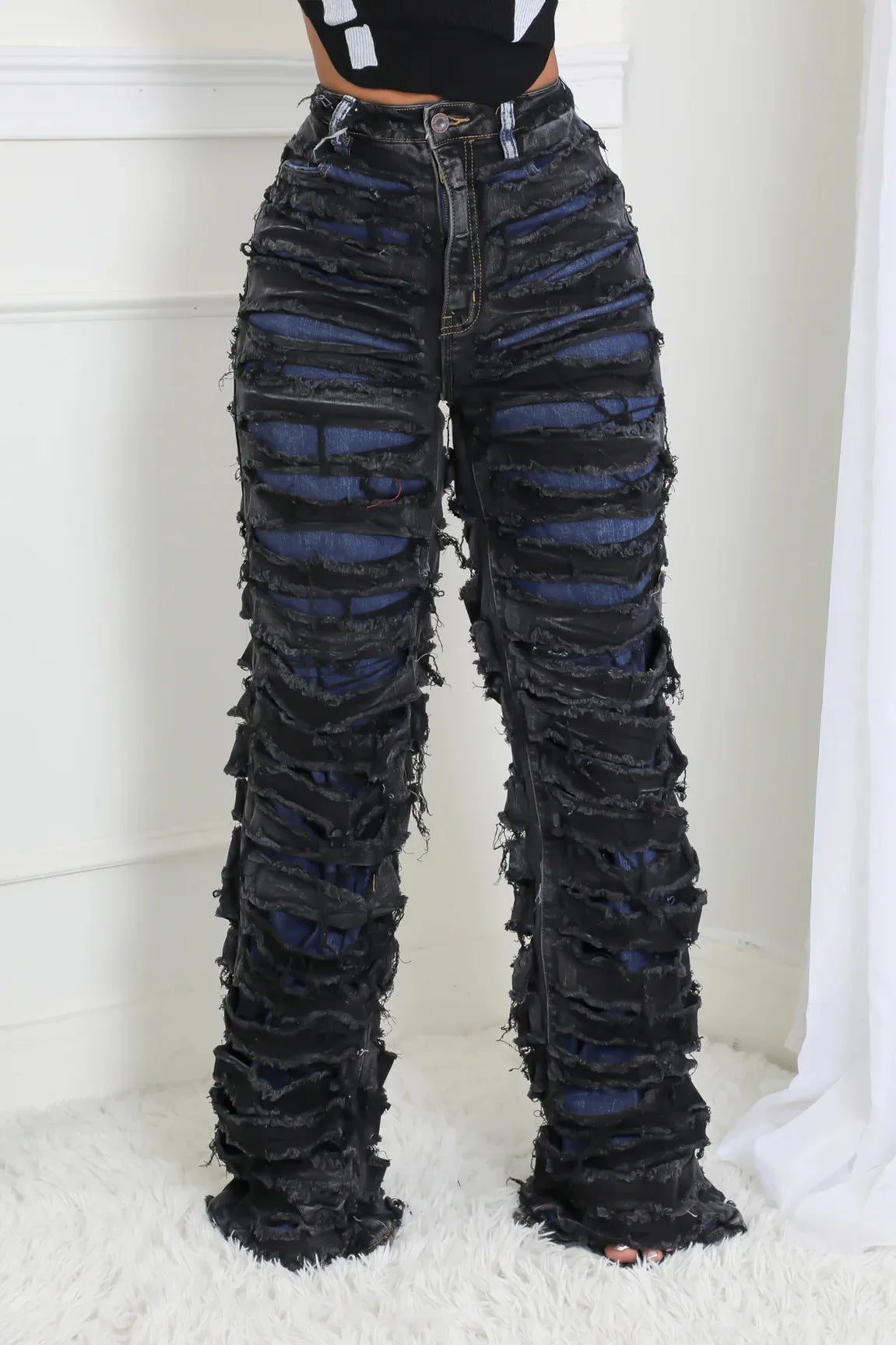 CM.YAYA Street Denim Pants Women Ripped Out Striped High Waist Zipper Jeans 2024 Fall Trousers Streetwear Straight Party Pants SS69