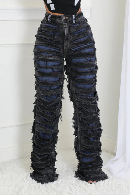 CM.YAYA Street Denim Pants Women Ripped Out Striped High Waist Zipper Jeans 2024 Fall Trousers Streetwear Straight Party Pants SS69