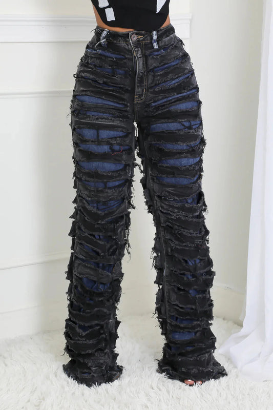 CM.YAYA Street Denim Pants Women Ripped Out Striped High Waist Zipper Jeans 2024 Fall Trousers Streetwear Straight Party Pants SS69