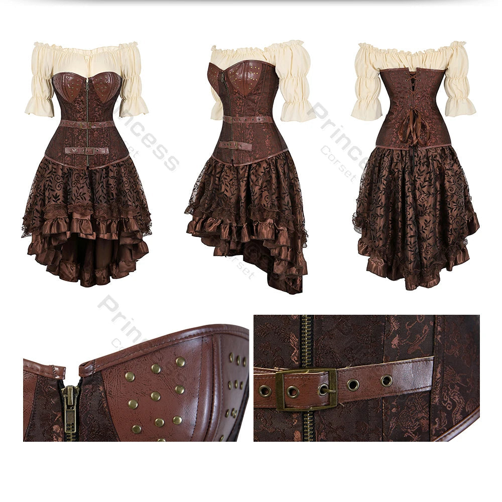 Brown Pirate Dress Plus Size Faxu Leather Steampunk Corset Dress with Shoulder Off Blouse Cosplay Pirate Costume for Women SS69