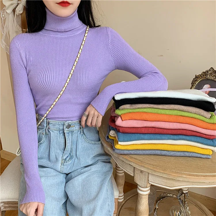 2025 Autumn Winter Women Long Sleeve Knitted Foldover Turtleneck Ribbed Pull Sweater Soft Warm Femme Jumper Pullover Clothes SS69