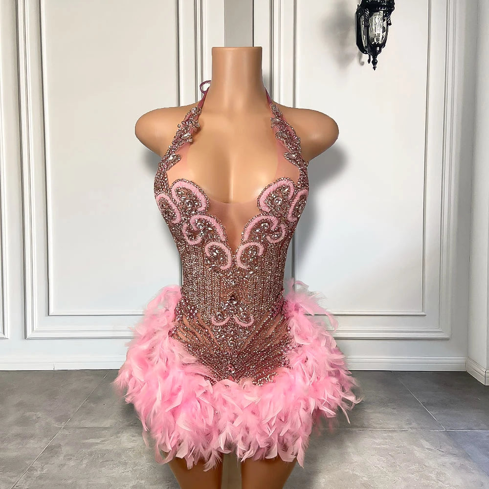 Sparkly Cute Sleeveless Women Birthday Party Formal Gowns Luxury Pink Diamond Feather Short Mini Prom Dress 2025 For Black Girls SS69 234.69 Gold / 4