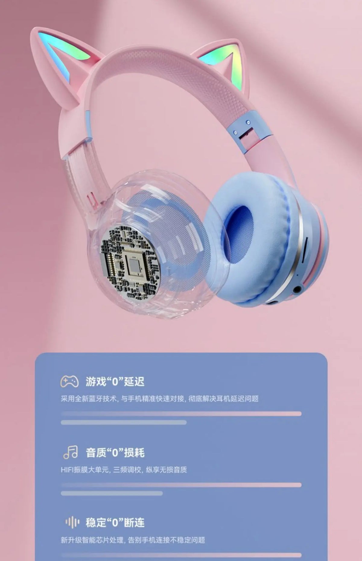 GUZMYYFC Cat Ear Wireless Bluetooth 5.1 Headset with RGB Lights and Mic