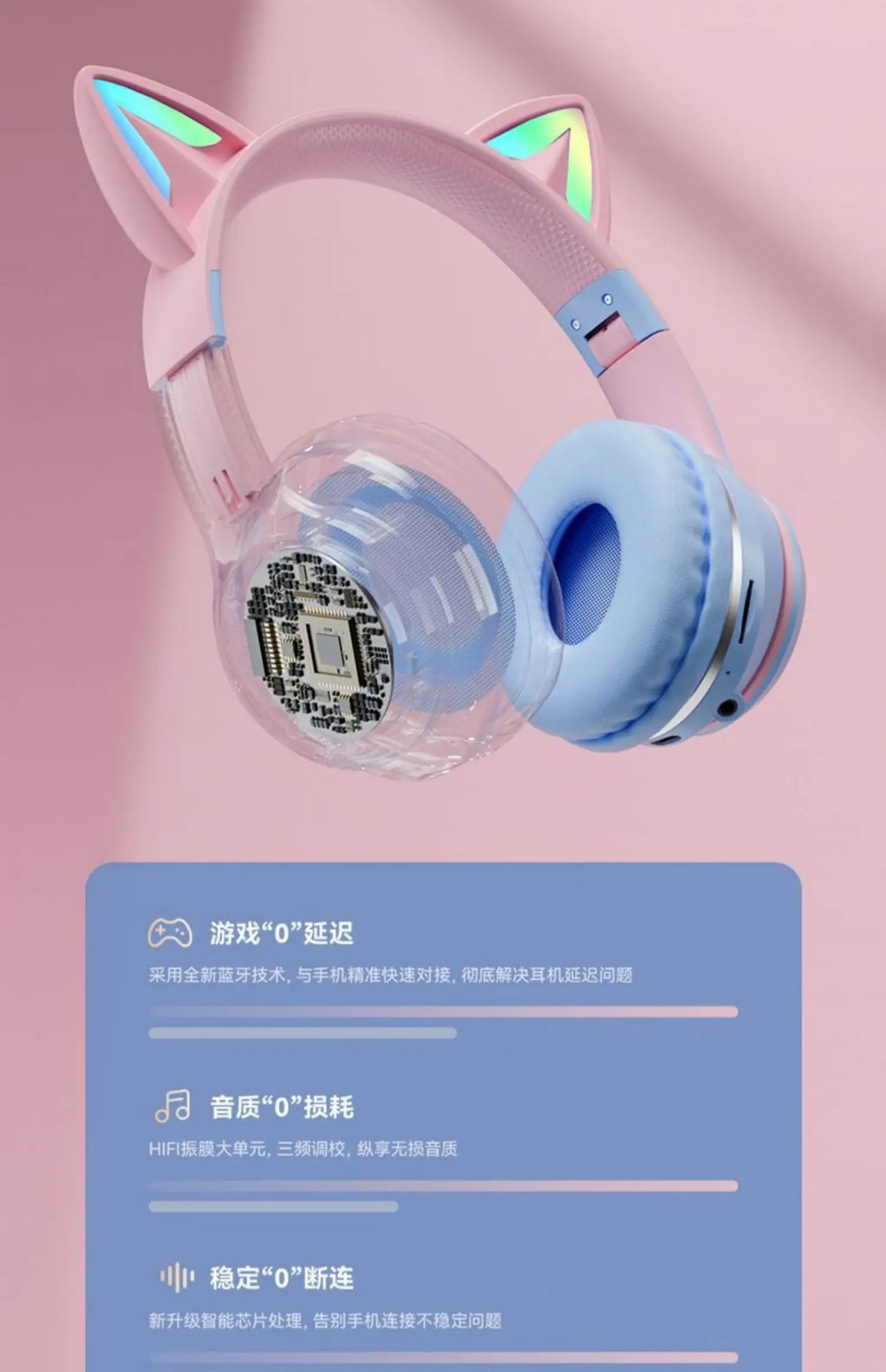 GUZMYYFC Cat Ear Wireless Bluetooth 5.1 Headset with RGB Lights and Mic