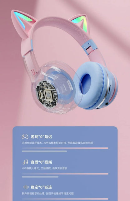 GUZMYYFC Cat Ear Wireless Bluetooth 5.1 Headset with RGB Lights and Mic