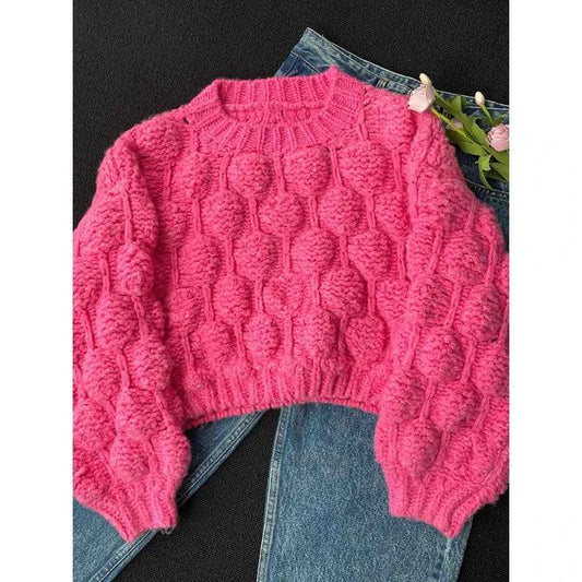 Chunky Crop Knit Sweater Women Niche Design Crew-neck Jumper 2025 Fall Winter Knitwear