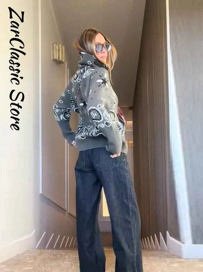 Warm Printed High Collar Knit Cardigans Women Contrast Jacquard Zipper Full Sleeve Pocket Sweater 2026 Spring Lady Chic Knitwear