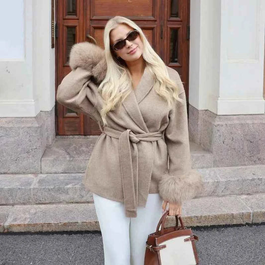TARUXY Fox Fur Woolen Coats Women's Short Coat Office Lady Removable Elegant Double-sided Wool Overcoat 2025 New Cardigan Jacket