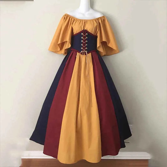 Halloween Costumes for Women Medieval Retro Contrasting Color Slim Swing Dress One-word Shoulder Dress Love Live Cosplay