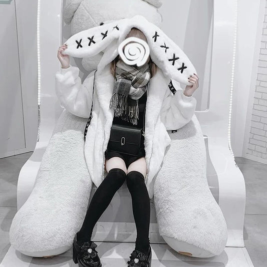 Mauroicardi Autumn Winter Sweet Cute Kawaii Soft Thick Warm Black Faux Fur Coat Women with Bunny Ears Cute Fluffy Jacket Hoodie