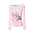Karrram Japanese Y2k Anime Print Mesh Tops 2000s Aesthetics Pink Sheer Top Vintage Harajuku Kawaii See Through T-shirt Lolita SS69 19.69 pink / L
