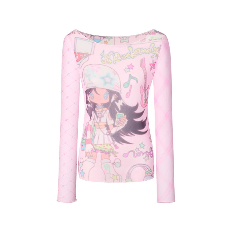 Karrram Japanese Y2k Anime Print Mesh Tops 2000s Aesthetics Pink Sheer Top Vintage Harajuku Kawaii See Through T-shirt Lolita SS69 19.69 pink / L