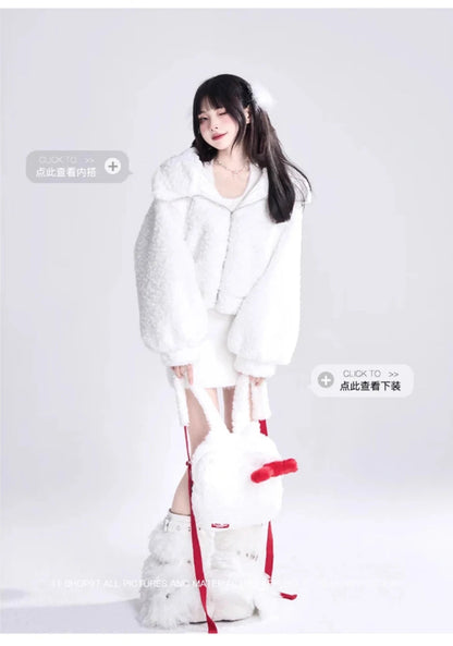 Lautaro Autumn Winter Sweet Cute Lovely Warm Soft White Short Faux Fur Coat Women  with Bunny Ears Fluffy Jacket Hoodie 2023 SS69
