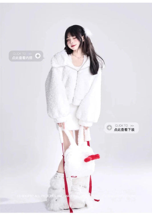 Lautaro Autumn Winter Sweet Cute Lovely Warm Soft White Short Faux Fur Coat Women  with Bunny Ears Fluffy Jacket Hoodie 2023 SS69