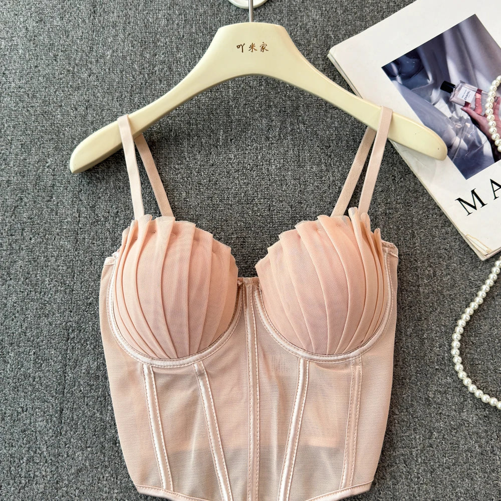 korean fashion mesh summer Fashion fishbone camis Corset  Slim Hotsweet Tank Top Women sweet crop top SS69