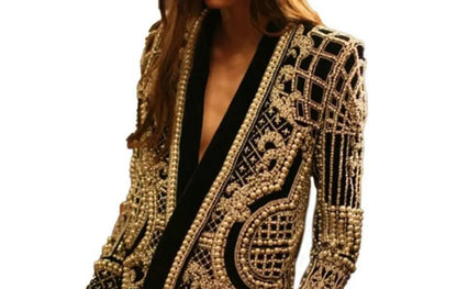 Pearl Embroidery Female Jacket, Full Sleeve Slim Jackets, V Neck, Hidden Button Print Suit, Large Size, Fall Fashion SS69