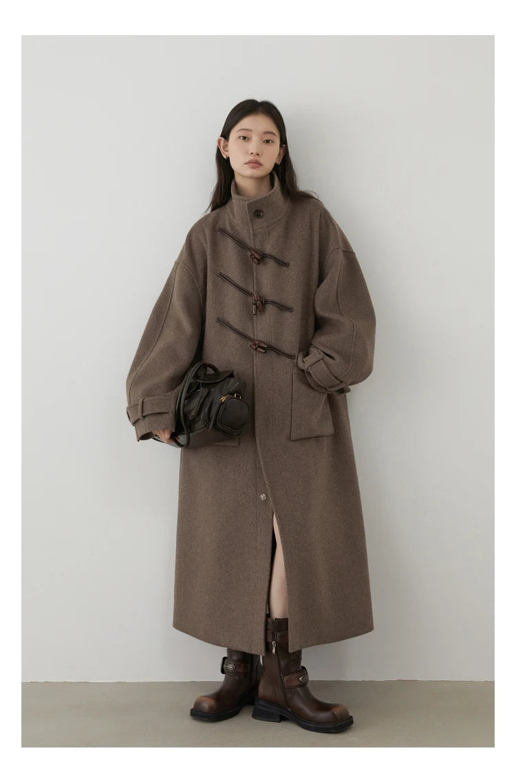 CHIC VEN Women Long Woolen Coats Single Breasted Loose Stand Collar Cow Horn Buttoned Office Ladies Overcoat Autumn Winter 2026