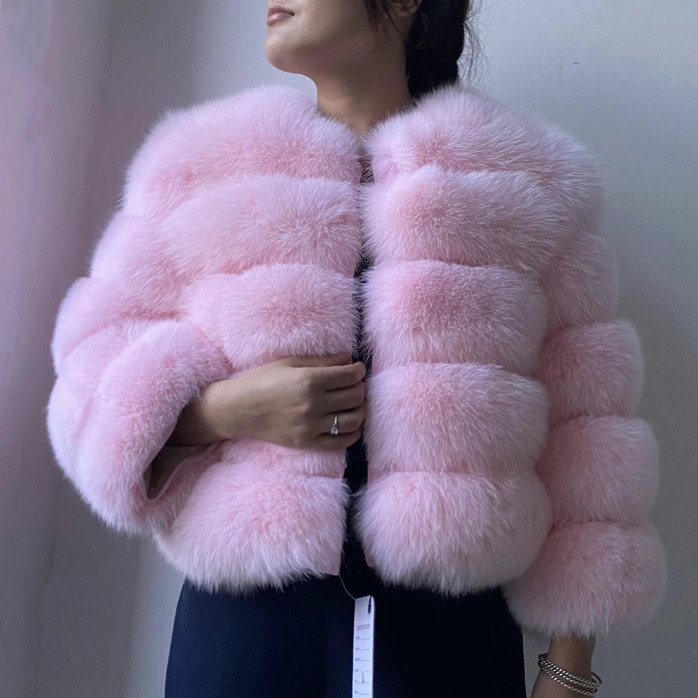 WGLUVF Women's Real Fox Fur Short O-Neck Coat