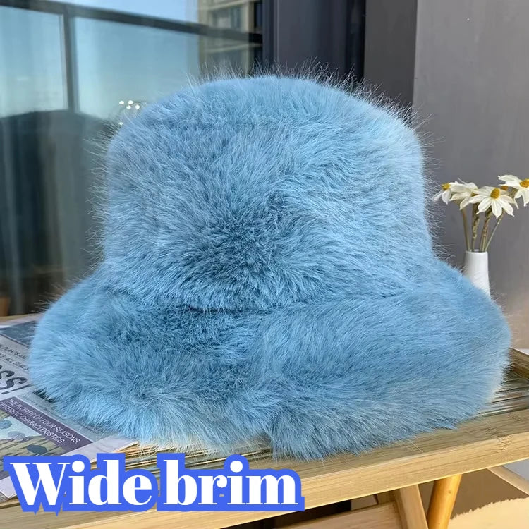 2025 Fluffy Faux Fur Bucket Hats Women Rabbit Fur Warm Thick Plush Winter Hat Lady Fashion Luxury Panama Furry Fisherman Cap Y2k