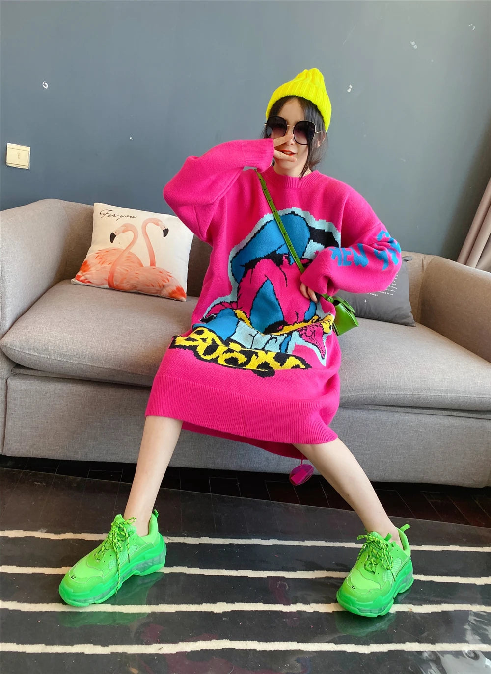 Korean Long-Sleeved Pullover Sweater Loose Fashion Women Autumn Winter Cartoon Embroidered Thickened Long Section Knitted Top SS69