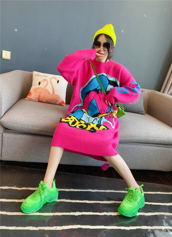 Korean Long-Sleeved Pullover Sweater Loose Fashion Women Autumn Winter Cartoon Embroidered Thickened Long Section Knitted Top SS69