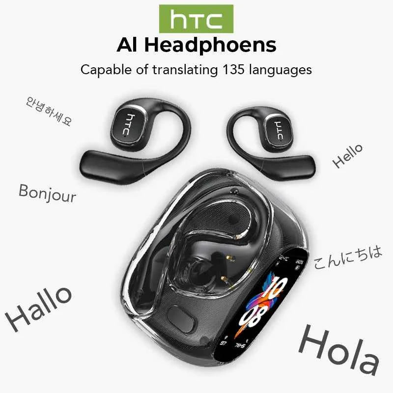 HTC NE11 Earphones Bluetooth V6.0 AI Translator Earbuds Open-Ear Wireless Headphones LCD Screen BASS Stereo 8 Hours Long-life