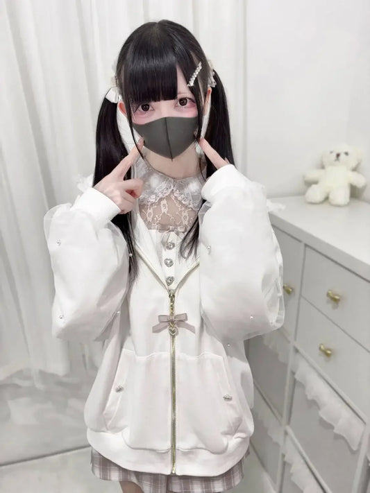 CHUJIECN Japanese Kawaii Bunny Ear Hoodie Women Lace Zipper Jacket
