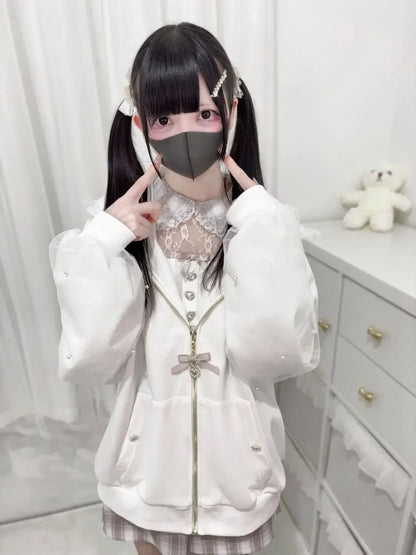 CHUJIECN Women's Japanese Kawaii Bunny Ear Hoodie with Lace and Zipper
