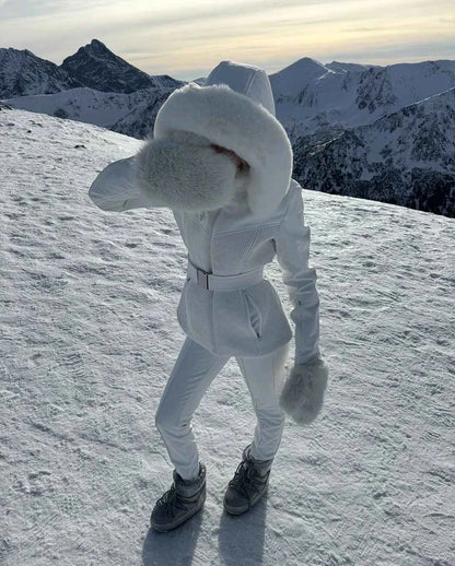 Fashion Solid Warm Ski Suit Women's Hood Fur Trim Full Sleeves Belt Coats High Waist Pants 2025 Winter Lady Windproof Tracksuit