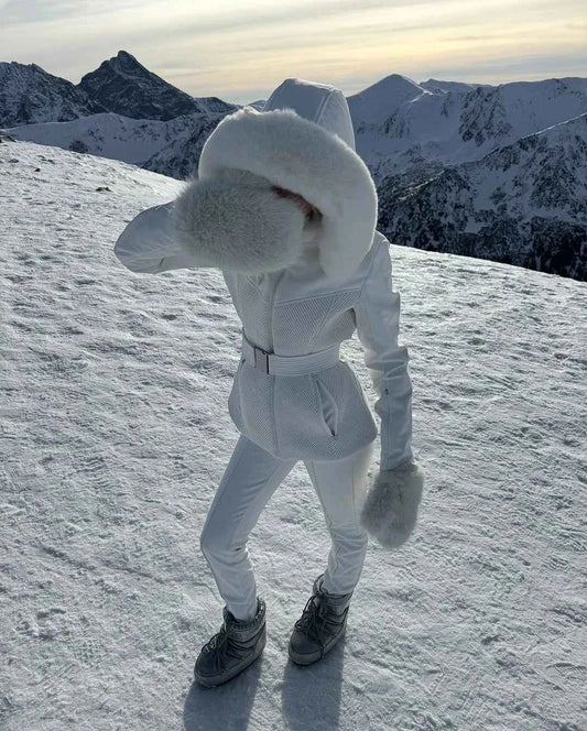 Fashion Solid Warm Ski Suit Women's Hood Fur Trim Full Sleeves Belt Coats High Waist Pants 2025 Winter Lady Windproof Tracksuit