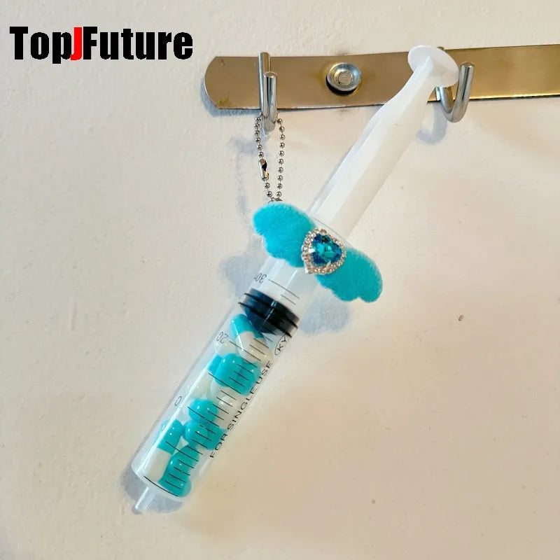 Harajuku Goth Lolita Y2K Girl Blood vessel pendant Halloween cosplay props Syringe Hospital ornament Pill bottle Key Chain SS69 8.69 blue white
